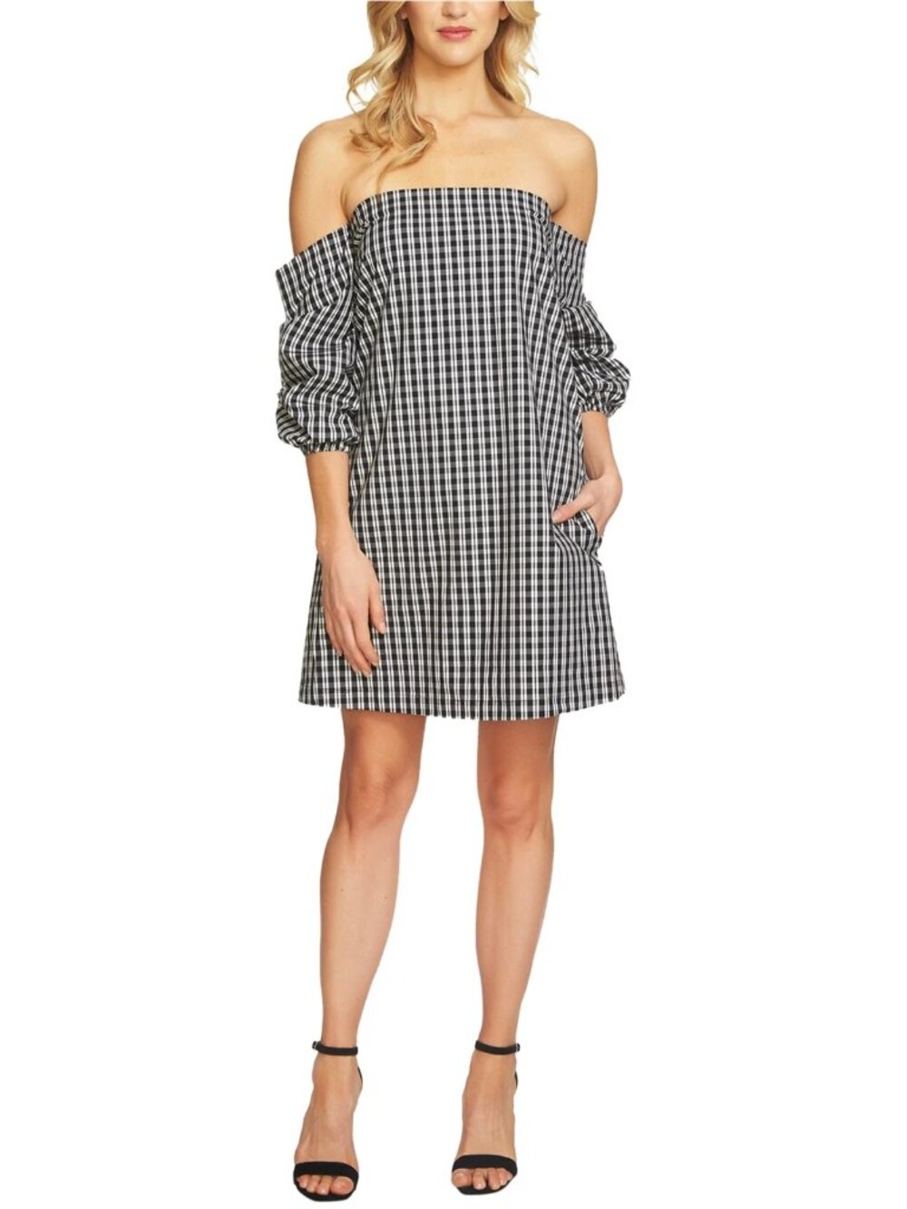 1.STATE Gingham Off-the-Shoulder Puff Sleeve Mini Dress Black and White Size S